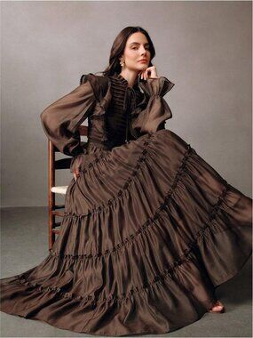 Elaire Dark Brown,Autumn,Elegant,Tea Party Floral Lace Layered Ruffle